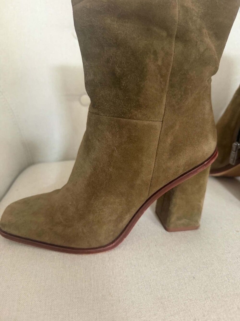 Via Spiga Olive Brown Suede Square Toe Block Heel Boots 7.5